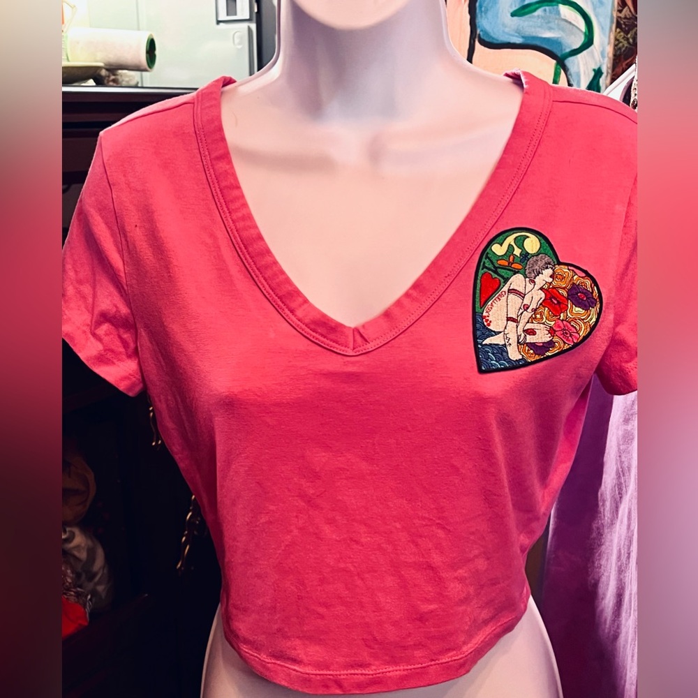 Wild Fable size small Hot Pink Crop top with Nude hippie and flowers patch.
